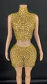 Sleeveless high-neck crop top and bodycon mini skirt set with sparkling gold rhinestones - Light Yellow