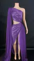 Purple one-shoulder sequin evening dress with waist cutout and high slit design - Violet