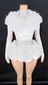 Elegant white bodysuit featuring dazzling rhinestones and tiered ruffle puffy trim - White