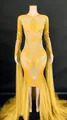 Yellow stage performance dress variant featuring white pearl patterns and tulle details - S / Yellow