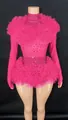 Sexy hot pink rhinestone bodysuit with ruffled tulle shoulders and waist for stage performance - Deep Pink