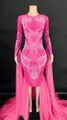 Hot pink rhinestone stage performance dress with long tulle train for parties - Deep Pink