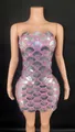 Pink rhinestone and silver sequin strapless mini party dress on mannequin - S / Bottoms / Lavender