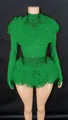 Vibrant green rhinestone romper bodysuit with extravagant tulle ruffles for stage - Green