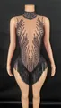 Elegante body in rete senza maniche con strass neri e lunghe frange per la danza - Taglia S / Nero