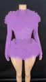 Elegant lavender purple rhinestone bodysuit with tiered tulle ruffles on shoulders and waist - Violet
