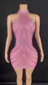 Elegant pink rhinestone halter mini dress for nightclub and stage performance - S / Top And Bottom / Pink