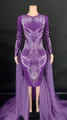 Elegant purple evening gown with rhinestones and sheer tulle side trains for parties - Purple