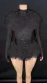 Black sparkly rhinestone ruffled tutu bodysuit with high neck for stage performance - Black