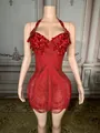 Close-up detail of a glamorous red halter mini dress with rhinestones and beaded fringe - S / Top And Bottom / Red