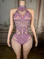 Detailed view of a pink rhinestone halter dress with sparkling silver fringe details - S / Top And Bottom / Light Purple