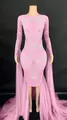 Pink long-sleeve evening gown with pearls and tulle train for stage performance decor - Pink