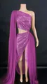 Sleeveless one-shoulder purple sequin evening dress with cutout and high slit detail - S / Top And Bottom / Violet