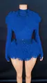 Royal blue bodysuit with sparkling rhinestones and voluminous ruffled tulle shoulders. - Blue