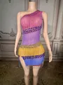 Detailed view of a colorful one-shoulder mini dress with heart sequins and tassels. - S / Dresses / Colorful