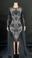 Black bodycon stage performance dress with intricate white rhinestone patterns and tulle train - Black