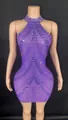 Elegant sleeveless purple halter neck mini dress adorned with sparkling rhinestones for parties - S / Top And Bottom / Dark Violet
