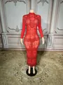 Full-length view of elegant red long sleeve evening gown with rhinestones and fringe - S / Top And Bottom / Red