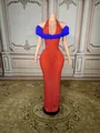 Elegant long sequined halter evening gown featuring unique blue floral shoulder details - S / Tops / Red With Blue Flower