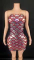 Sleeveless bodycon mini dress featuring silver sequins and red rhinestones for party events - S / Bottoms / Silver Sequin