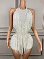 Detailed view of a white halter neck bodysuit featuring elegant sequin fringes and pearl beads - S / Top And Bottom / White