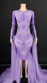 Light purple floor-length evening gown with intricate rhinestone patterns and mesh train - Lavender