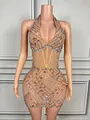 Detailed view of nude mesh mini dress with rhinestones and corset boning - XS / Top And Bottom / Nude