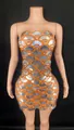Sexy backless mini dress with silver fan sequins and orange rhinestones for parties - S / Bottoms / Orange