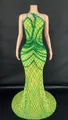 Elegantes, gelbes, bodenlanges Abendkleid mit grüner Strassstein-Gitter-Verzierung - S / Unterteile / Fluoreszierendes Grün