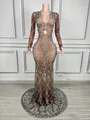Intricate silver rhinestone pattern detail on sheer coffee-colored V-neck evening gown - S / Tops / Nude