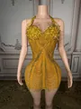 Elegant yellow mini dress with intricate rhinestone beading and gold tassel chains - S / Top And Bottom / Gold