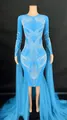 Light blue stage performance evening dress with white rhinestone patterns and tulle train - Sky Blue