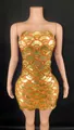 Glamorous gold sequin mini dress with scalloped pattern for cocktail party events. - S / Bottoms / Orange
