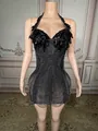 Elegant black slim-fit rhinestone beaded fringe mini dress with halter neck design - S / Top And Bottom / Black