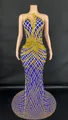 Eleganter One-Shoulder-Abendkleid mit blau-goldenen Pailletten und Rautenmuster. - S / Unterteile / Saphirblau
