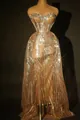 Close-up of sparkling rhinestone sweetheart neckline on a gold sequin mermaid evening gown. - S / Tops / Champagne Gold