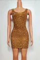 Detail view of a luxury gold rhinestone sleeveless bodycon mini dress on mannequin - S / Gold