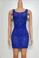 Close-up of royal blue rhinestone sleeveless bodycon mini dress on mannequin - S / Blue