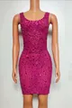 Close-up of fuchsia bodycon mini dress fully embellished with sparkling rhinestones - S / Rose Red