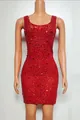 Front view detail of a red bodycon mini dress with intricate rhinestone beading - S / Red