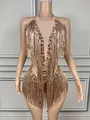 Glamorous gold halter neck bodysuit featuring shimmering fringe and rhinestone accents. - S / Top And Bottom / Apricot