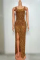 Full view of elegant gold rhinestone embellished slim fit long evening gown with slit - S / Top And Bottom / Dark Brown