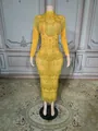 Elegant yellow floor-length dress with shimmering rhinestone fringe and a high neck design - S / Top And Bottom / Yellow