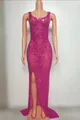 Elegant fuchsia evening gown with sparkling rhinestones and an attractive high slit - S / Top And Bottom / Rose Red