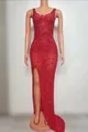 Elegant red floor-length evening gown with shimmering sequins and a daring high thigh slit. - S / Top And Bottom / Red