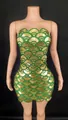 Elegant green and gold sequin cocktail dress featuring a unique scallop pattern design. - S / Bottoms / Cyan