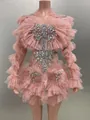 Detailed view of pink mesh ruffled long-sleeve dress with rhinestone embellishments - XS / Top And Bottom / Pink