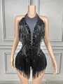 Elegant black halter neck sleeveless jumpsuit featuring sequin fringe and rhinestones - S / Top And Bottom / Black