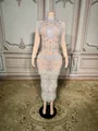Elegant nude skin-tone evening gown featuring sparkling rhinestones and tiered fringe details - S / Top And Bottom / Apricot