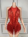 Sexy red halter neck sleeveless bodysuit with sequin tassels and rhinestone embellishment - S / Top And Bottom / Red